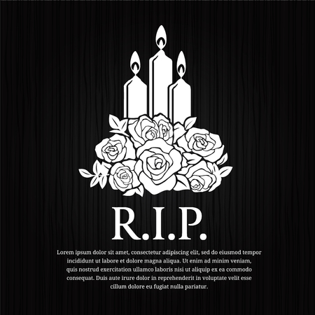 Funeral card - candle burning and rose sign on black wood vector design.のイラスト素材