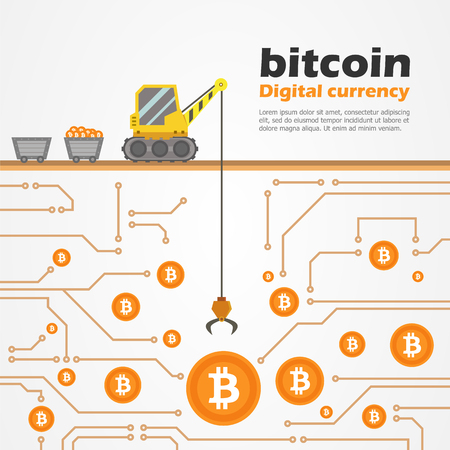 Bitcoin Digital currency with Truck Cranes Dig for coins in the digital ground vector designのイラスト素材