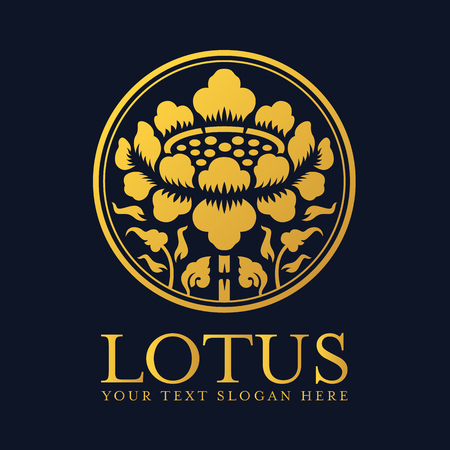 Gold Lotus in circle frame logo and sign vector designのイラスト素材