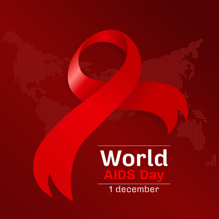 world aids day with red ribbon sign on dot world map background vector designのイラスト素材