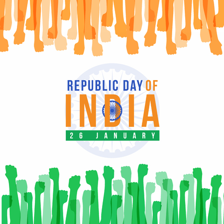 Republic Day of india with abstract orange and green Fist hands  and wheell sign flag vector designのイラスト素材