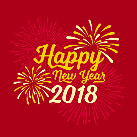 Happy new year 2018 text and firework on red backgroumd vector designのイラスト素材