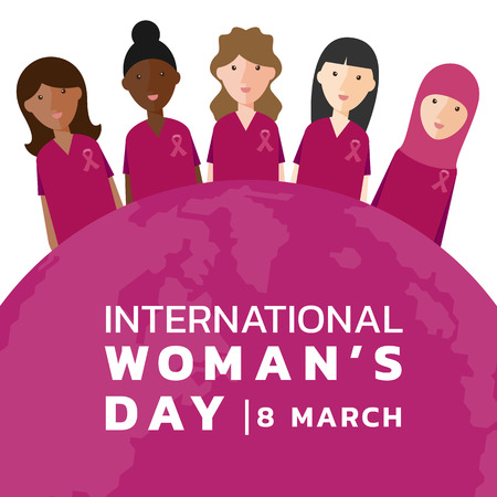 International Woman day with womans group Wear pink shirt and ribbon and pink earth world banner vector designのイラスト素材