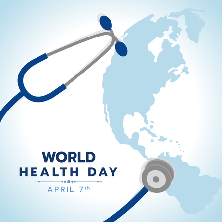 World health day banner with blue stethoscope sign and world earth map background vector designのイラスト素材