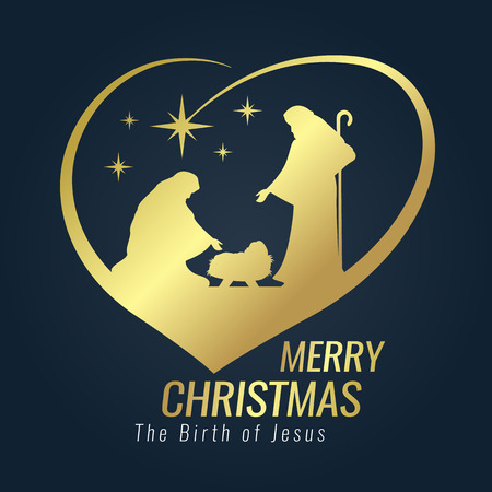 Merry Christmas banner gold sign with Nightly Christmas scenery. Mary and Joseph in a manger with baby Jesus and Meteor in heart sign on blue background vector design.のイラスト素材