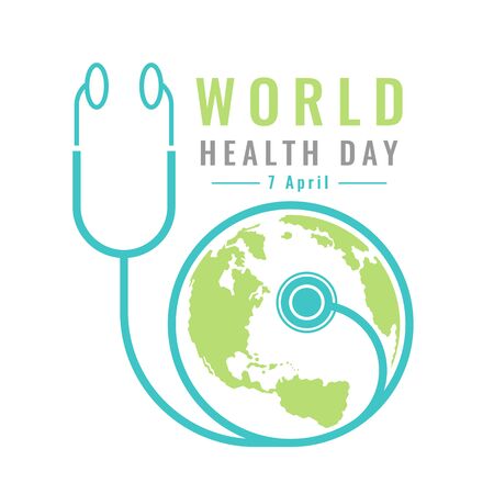 World Health day banner with blue stethoscope sign and green world map circle vector designのイラスト素材