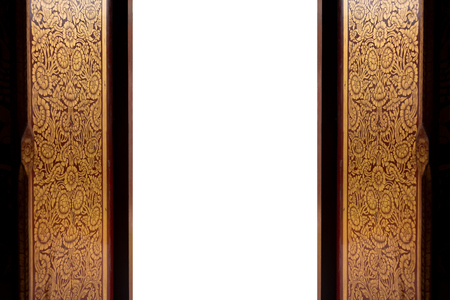 Golde and red thai art Culture door are open in the temple isolate on white background