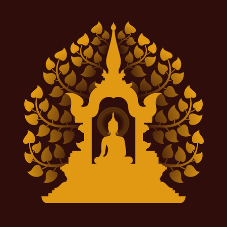 Yellow gold buddha Meditate in the dome and Bodhi tree background vector designのイラスト素材