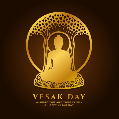 Vesak day banner with  Gold buddha Meditate under Bodhi tree in circle frame sign vector designのイラスト素材