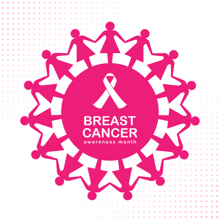 Breast cancer Awareness month banner with ribbon sign in pink woman hold hand around circle sign abstract circle frame vector designのイラスト素材