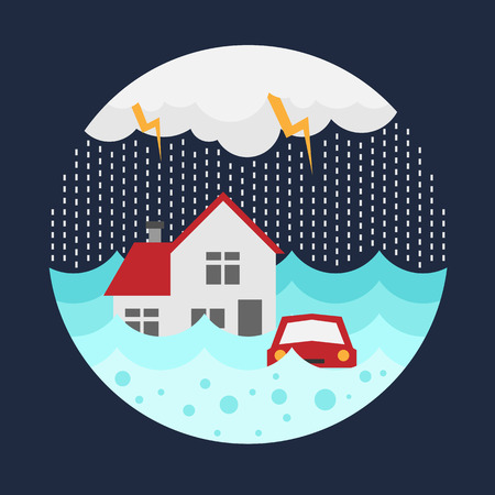 Flood disaster banner with home and car in flood water and rain circle style vector designのイラスト素材