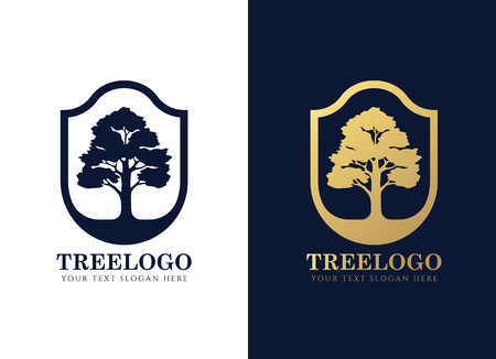 Gold and dark blue tree sign in Elegant shield frameのイラスト素材