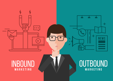 Businessmen are deciding between Inbound marketing and outbound marketing banner  designのイラスト素材