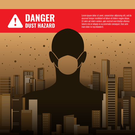 Danger dust hazard concept with human wearing dust masks in City Building and dustのイラスト素材