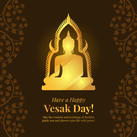 Wesak day banner card with Gold Buddha sign on dark brown bodhi leafのイラスト素材