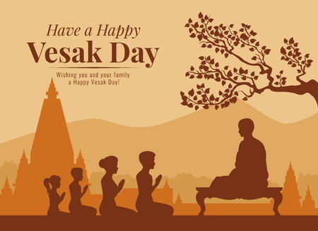 Vesak day banner with Buddhists are listening to the Dharma from monks vector designのイラスト素材