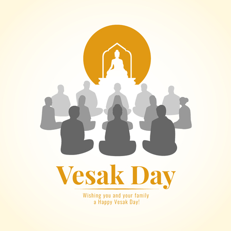 Vesak day banner with Group of Buddhists are Meditation and Buddh statue sign vector designのイラスト素材
