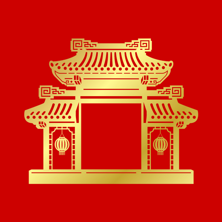 Gold paper cut art china gate door on red background vector designのイラスト素材