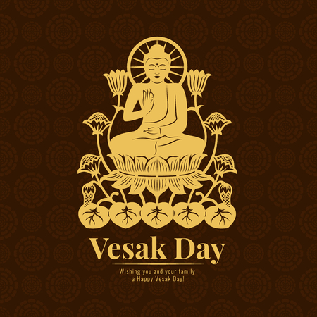 Vesak day banner with yellow gold  Paper cut art buddha sit on lotus vector designのイラスト素材