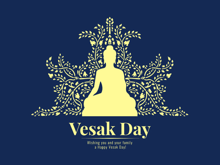 Vesak day banner with yellow buddha sit and abstract Vine pattern on dark blue background vector designのイラスト素材
