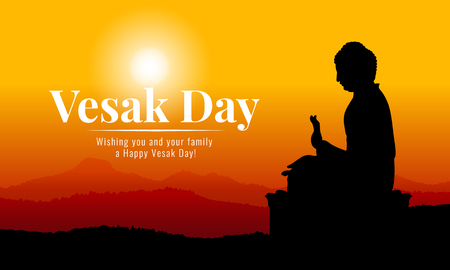vesak day banner with Silhouette Big Buddha statue on mountain view in evening time vector designのイラスト素材
