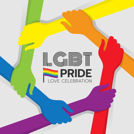 LGBT Pride banner with colorful hand hold hand around circle frame and rainbow flag vector designのイラスト素材
