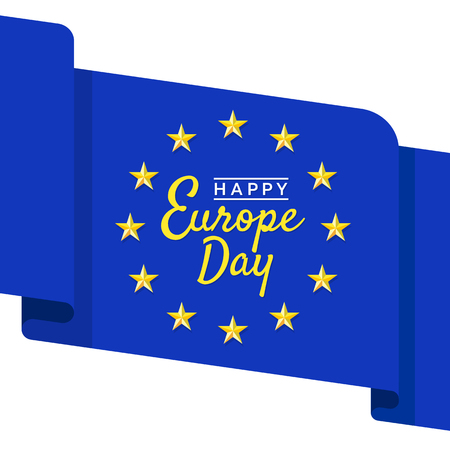 Happy europe day banner with blue flag wave and 12 gold star vector designのイラスト素材