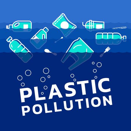 Plastic pollution concept with plastics icon in water ocean
