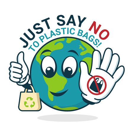 Just say no to plastic Bag with world character show stop plastic sign and hold Cloth Bag bannerのイラスト素材