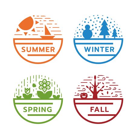 4 season circle sign with modern line nature in summer, winter, spring and fallのイラスト素材