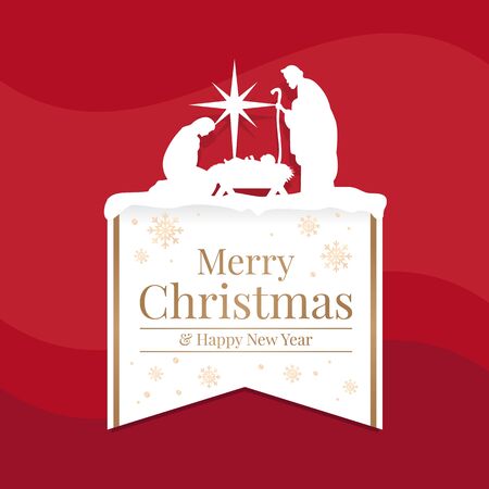 Merry Christmas and happy new year banner with white mary and joseph in a manger with baby Jesus and star light top up white gold banner text  on redのイラスト素材