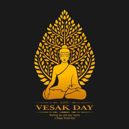 Happy Vesak day - Gold Buddha Meditate under Bodhi Tree on dark background designのイラスト素材