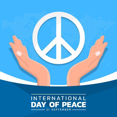 international day of peace banner with hand hold care circle peace sign and abstract dot world map texture blue background vector  designのイラスト素材
