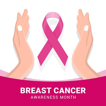 breast cancer awareness month banner with pink ribbon and hand hold care vector  designのイラスト素材