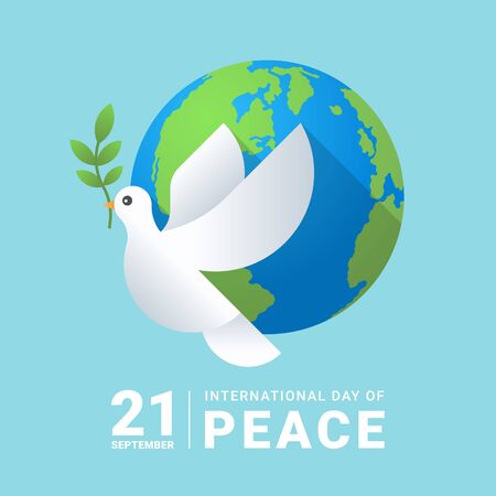 international peace day white dove with leaf and earth world on soft blue backgroundのイラスト素材