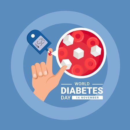 world diabetes day banner with hand blood are Glucose testing and Blood sugar zoom in blue circle ring vector designのイラスト素材