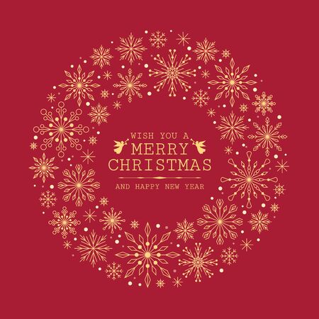 merry christmas banner card - gold circle frame with abstract line snow sign on red background vector designのイラスト素材