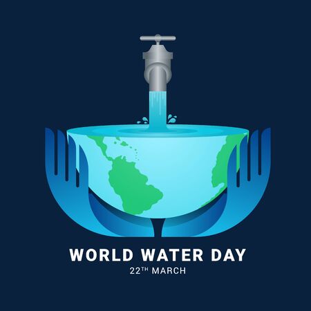 world water day banner with hand holding Water flows from the tap to the earth on dark blue backgroundのイラスト素材
