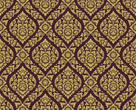 gold and brown lai thai pattern, Thai traditional background with lotus flower art designのイラスト素材
