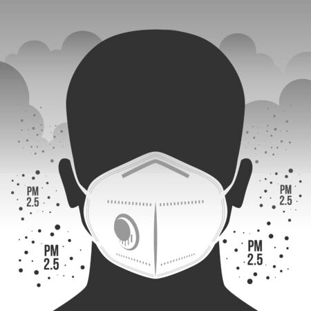 air pollution concept with Dust masker sign in PM 2.5 dust clouds and smoke vector designのイラスト素材