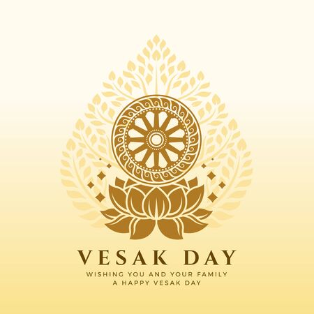 Vesak day banner with Dharmachakra Wheel of Dhamma on lotus sign and bodhi tree background vector designのイラスト素材