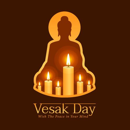 Vesak day banner with candle light for remember the Lord Buddha in buddha sign frame on dark brown background vector designのイラスト素材