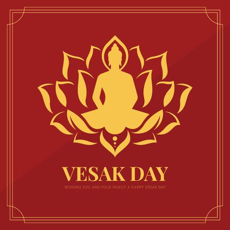 Vesak day banner with gold the Lord Buddha in lotus sign on red background vector designのイラスト素材