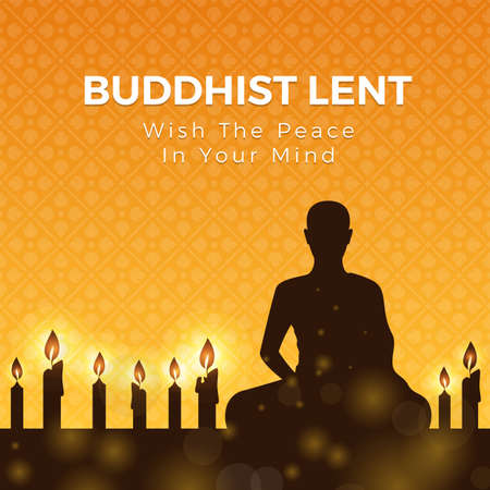 Buddhist lent day with silhouette Meditation and candle light on yellow orange flower cross texture background vector designのイラスト素材