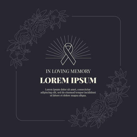 funeral card banner with ribbon sign and text in abstract line Floral rose frame on black background vector designのイラスト素材