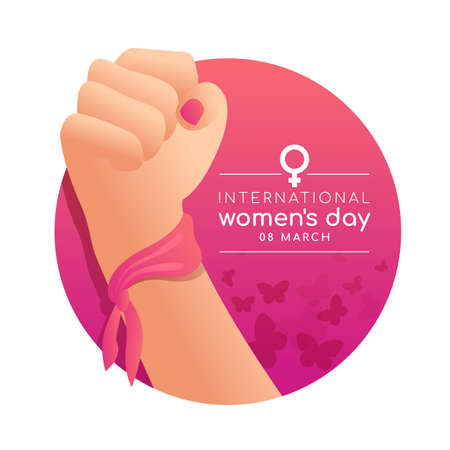 international women's day banner with woman Fist hands on pink circle butterfly texture background vector designのイラスト素材