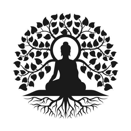 Black Buddha Meditation under bodhi tree with leaf and root abstract circle style vector designのイラスト素材