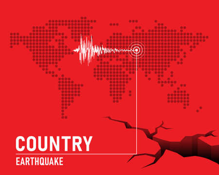 Earthquake concept with Frequency seismograph waves  , cracked and dot map world on red background vector designのイラスト素材