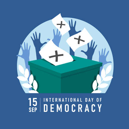 international day of democracy banner with ballot dropped into a box and hands was raised vector designのイラスト素材