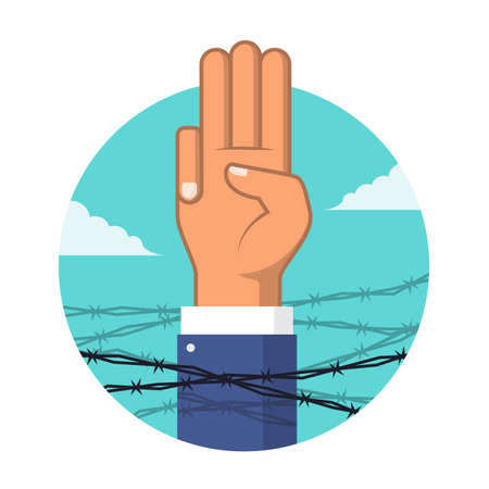 Anti dictatorship concept with Three Finger Salute surrounded by barbed wire vector designのイラスト素材